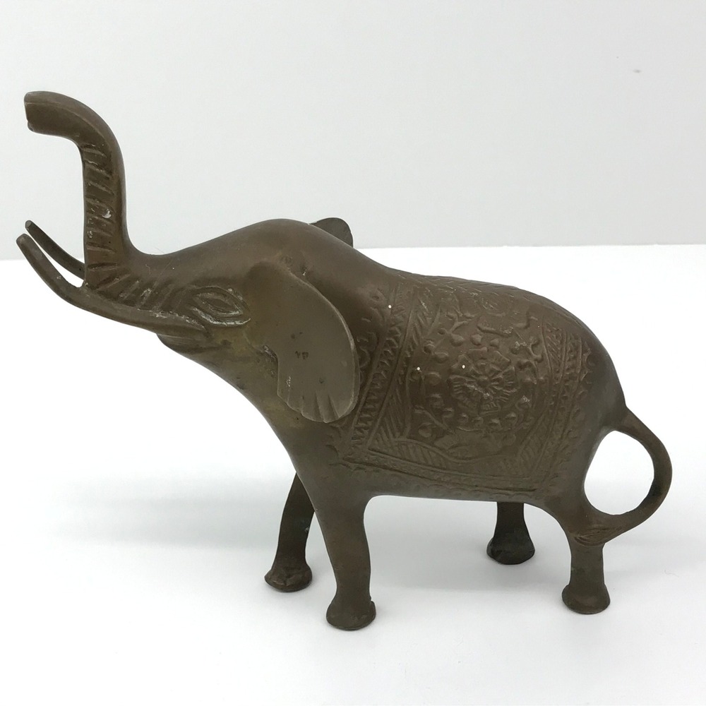Vintage Brass Elephant Figurine Statue Trunk Up Ornate Floral Design 6.5"